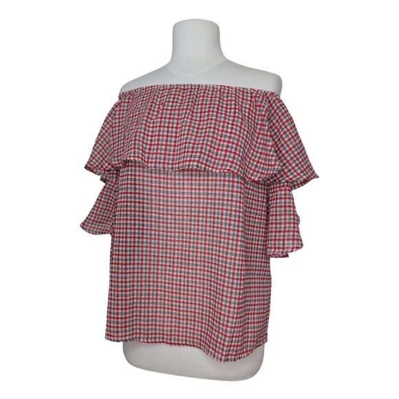 Lee Cooper Gingham Ruffled Off The Shoulder Semi Sheer Top Size Large - Picture 3 of 6